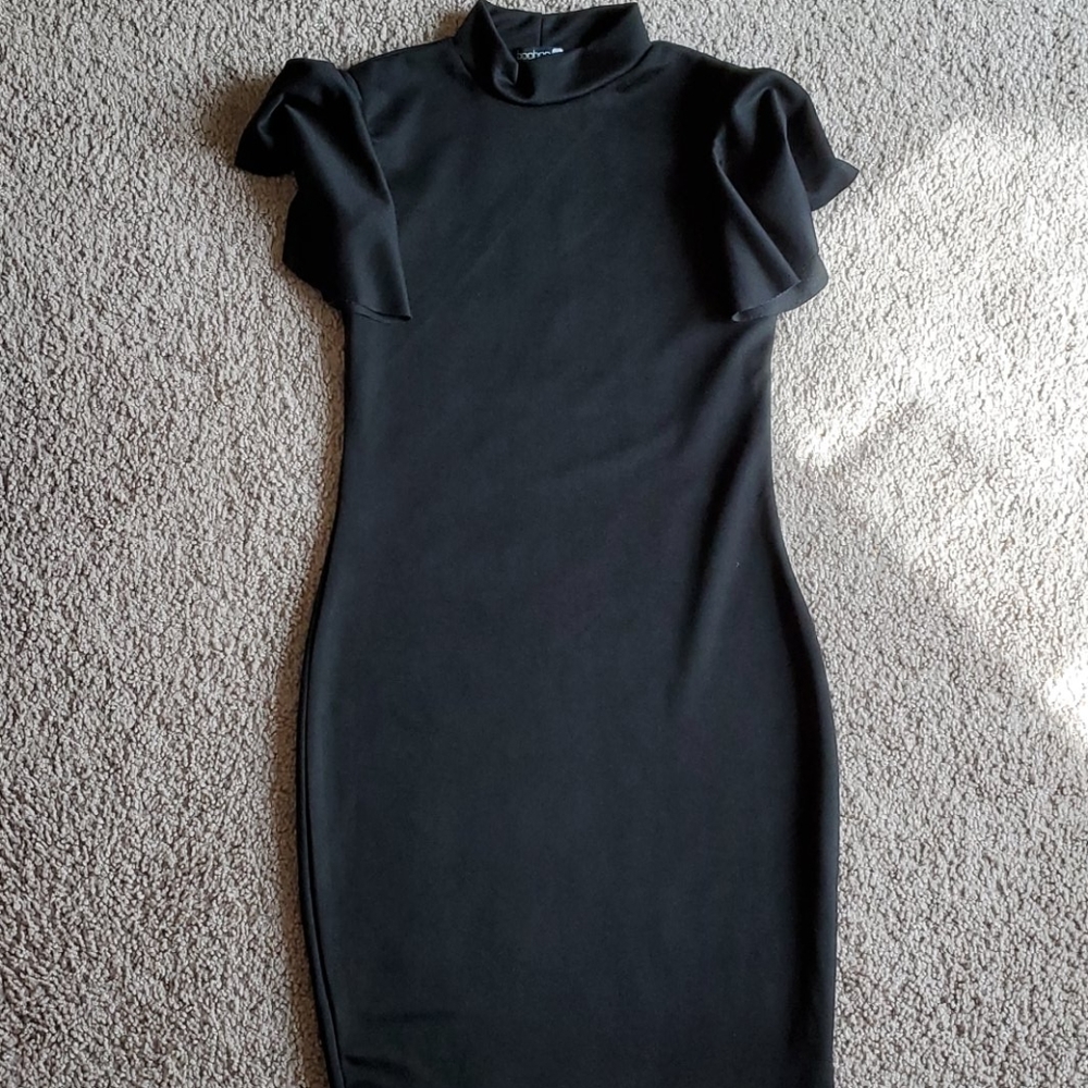 High neck flutter sleeve black dress